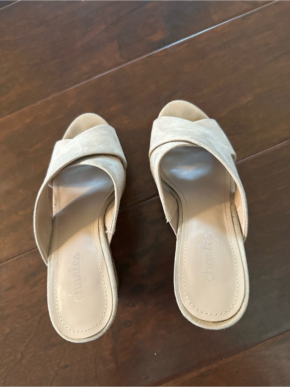 Charles David Beige Suede Crisscross Wedge Slide Mules